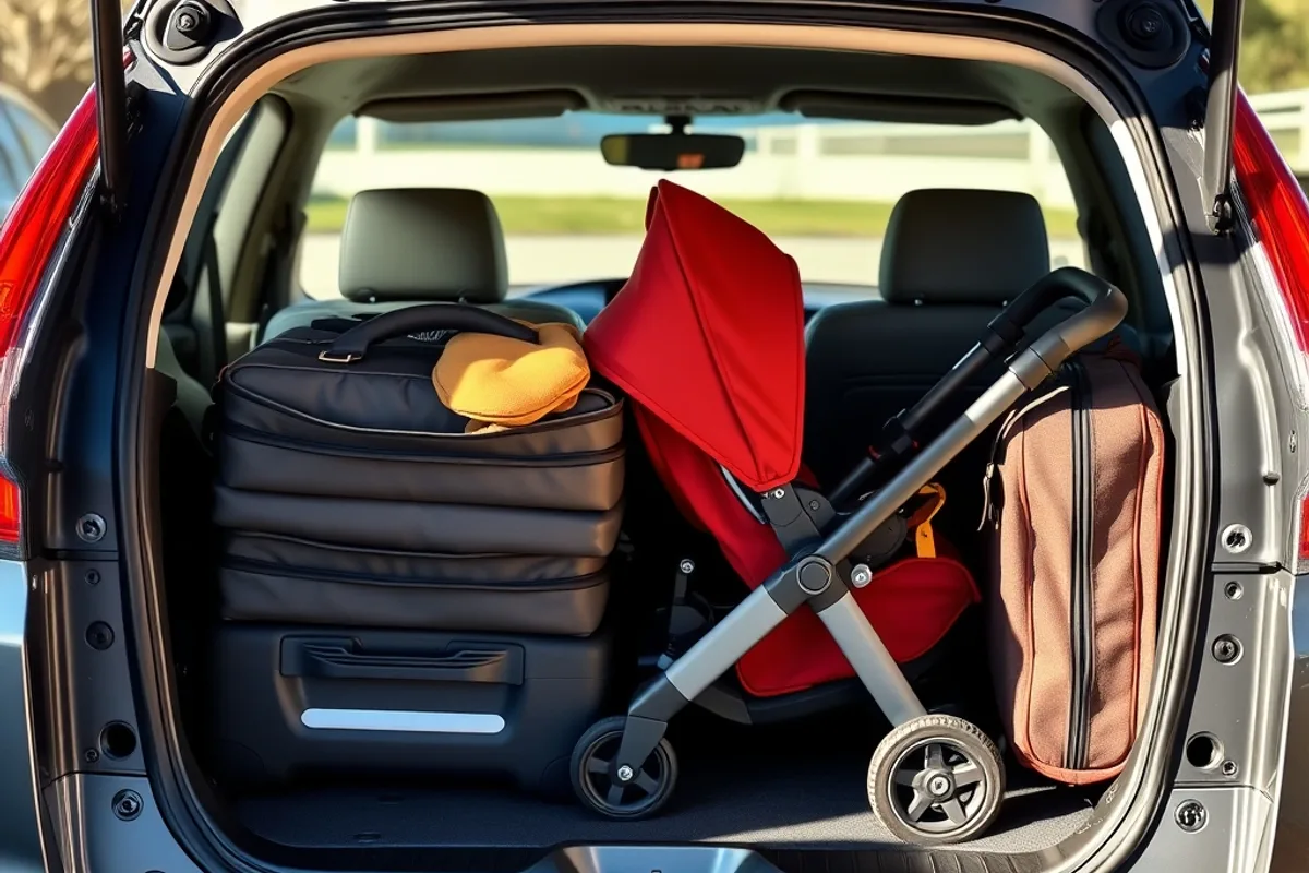 Rear cargo area of a Honda CR-V loaded with suitcases and a folded stroller