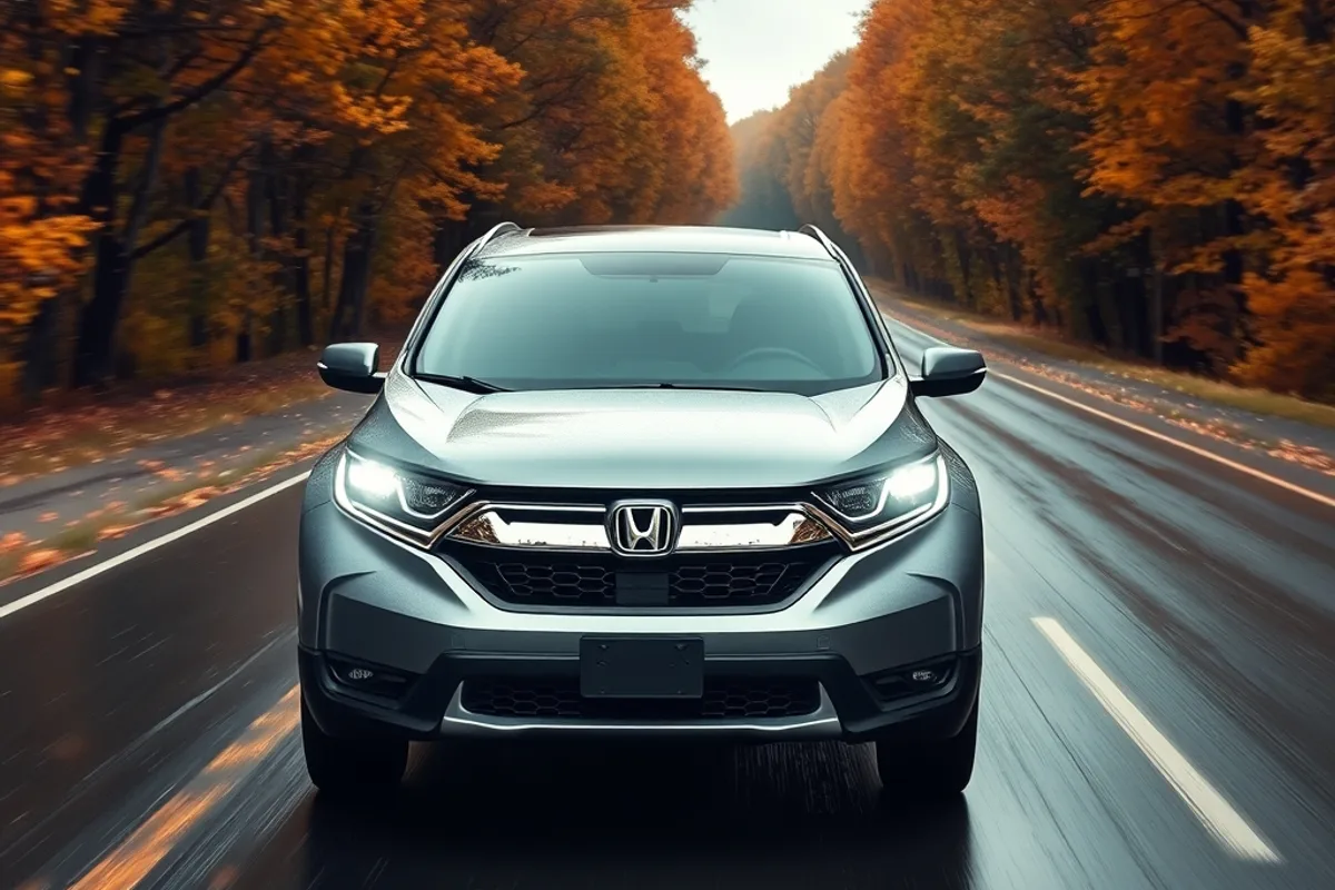 Honda CR-V driving on a wet two-lane road through autumn trees