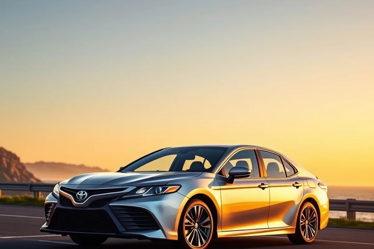 Silver 2026 Toyota Camry sedan parked on a coastal highway at golden hour