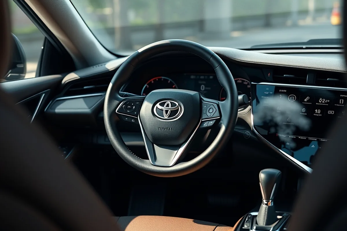 Interior of a 2026 Toyota Camry showing dashboard, steering wheel and touchscreen