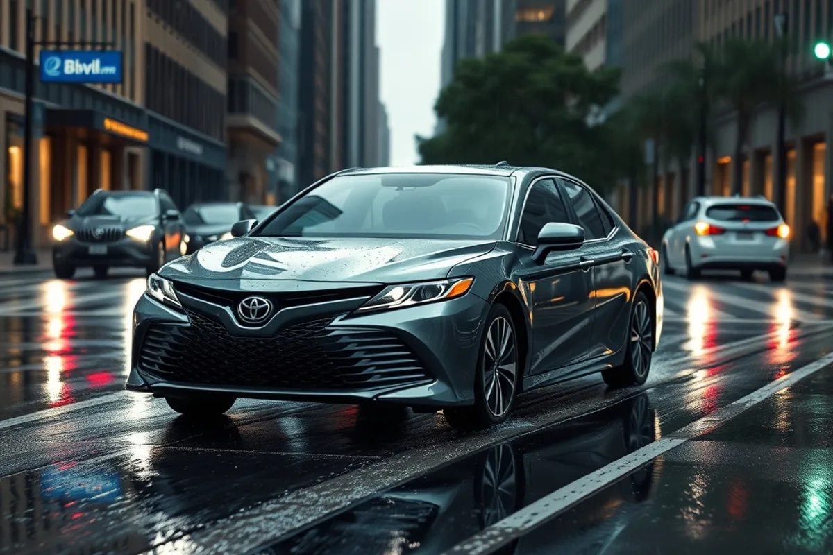 Camry hybrid sedan driving through a rain-soaked city street with reflections