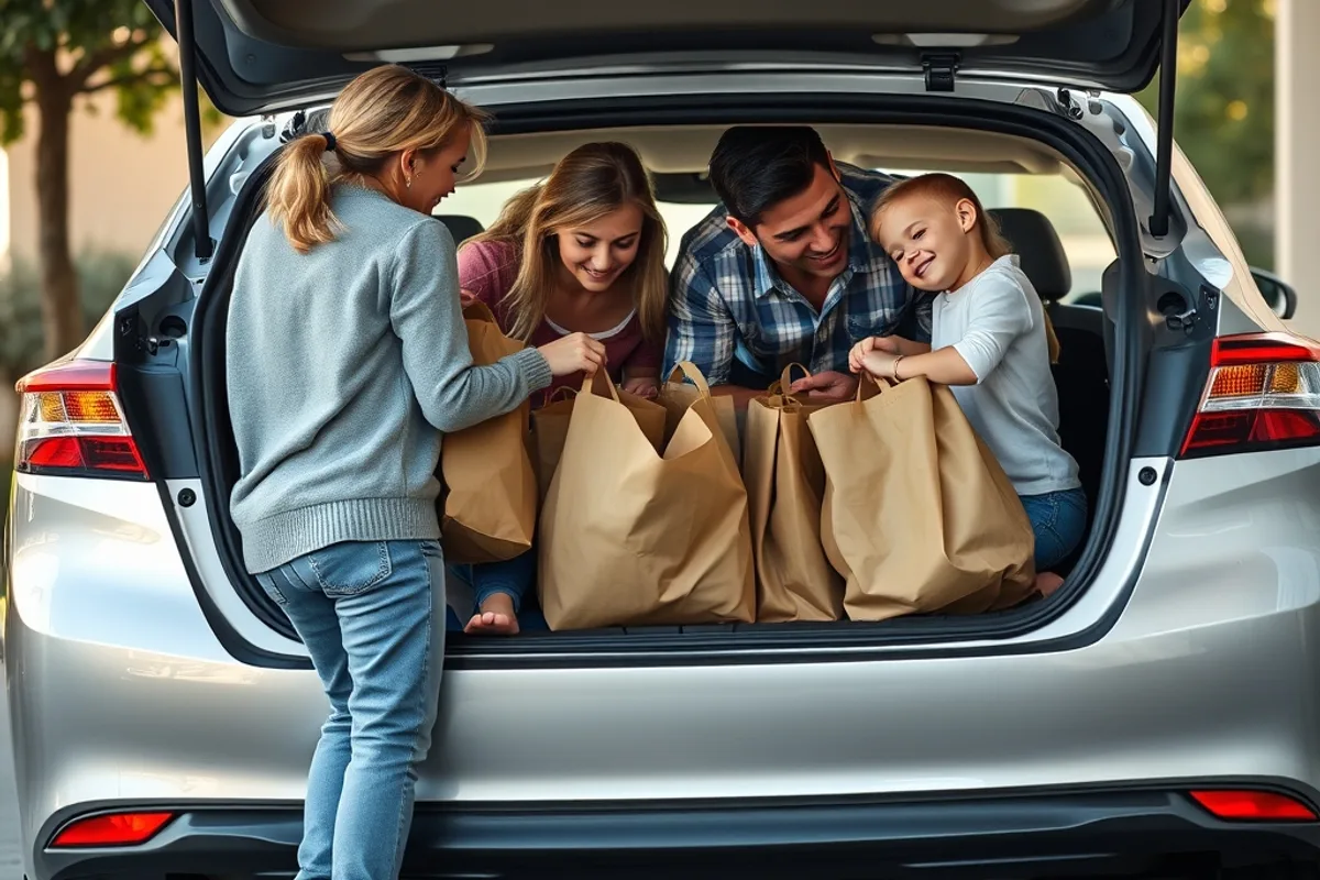 Family loading grocery bags into the trunk of a silver Camry sedan