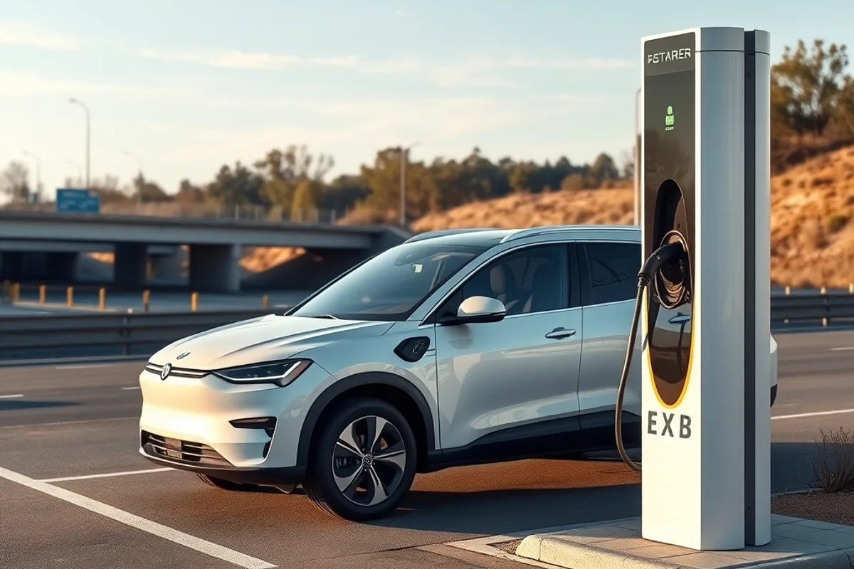 White electric SUV charging at a public fast charger beside a highway