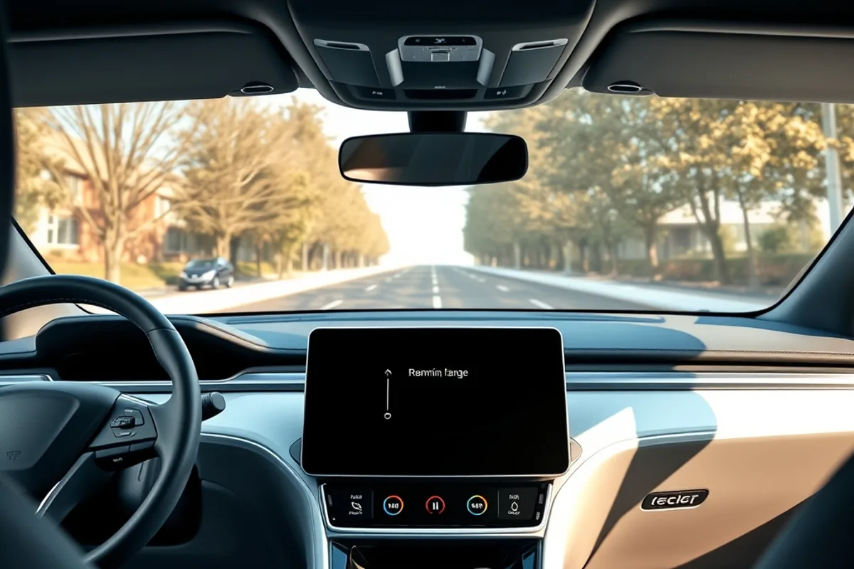 Electric SUV interior with a large touchscreen showing remaining range