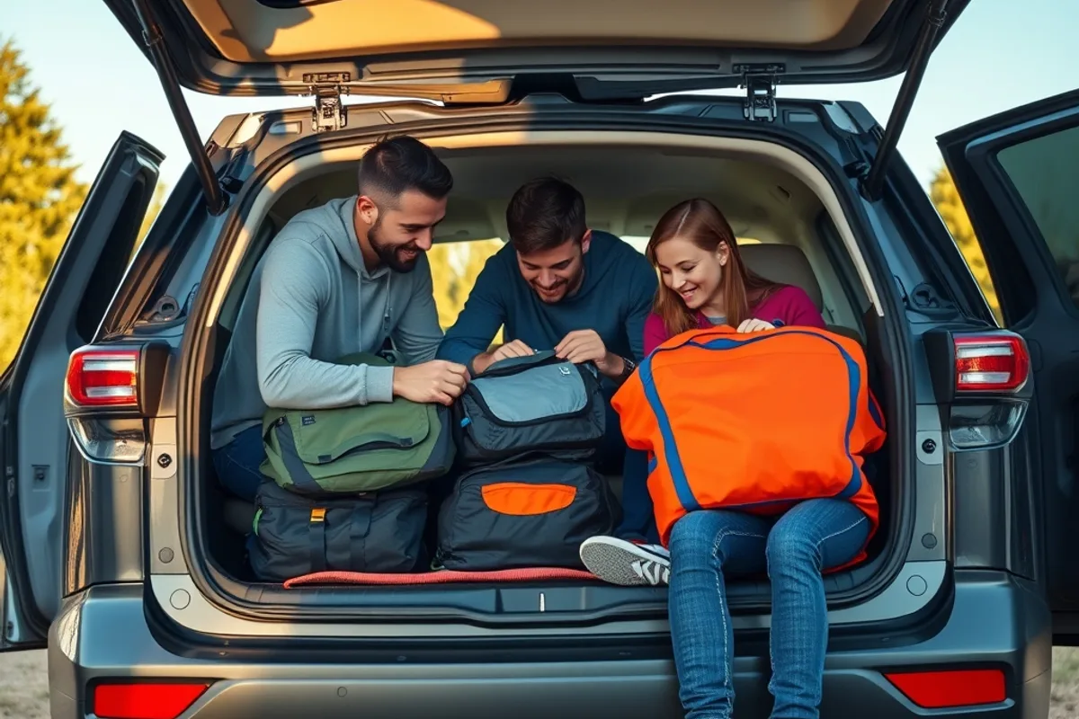 Family loading camping gear into the cargo area of an electric SUV