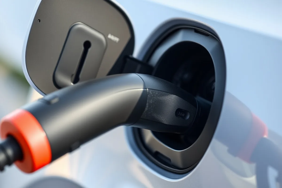 Close-up of an EV charging cable plugged into a car charging port