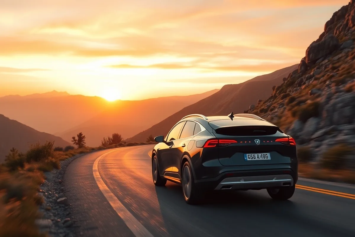 Electric SUV driving on a mountain road at sunrise