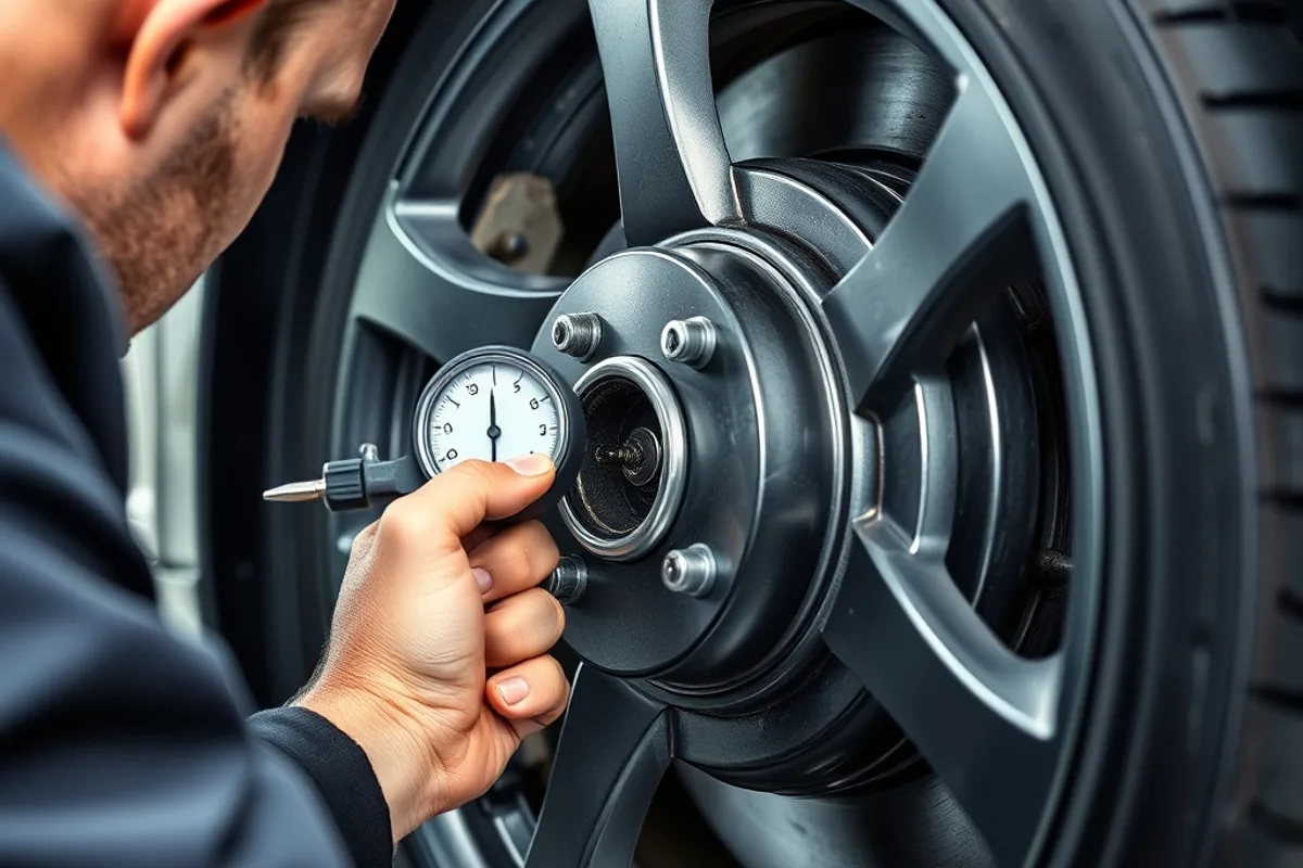 Technician measuring brake pad thickness on a car wheel with a gauge