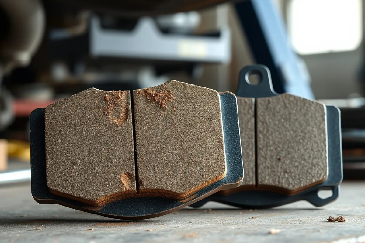 Close-up of a worn brake pad next to a new brake pad on a workbench