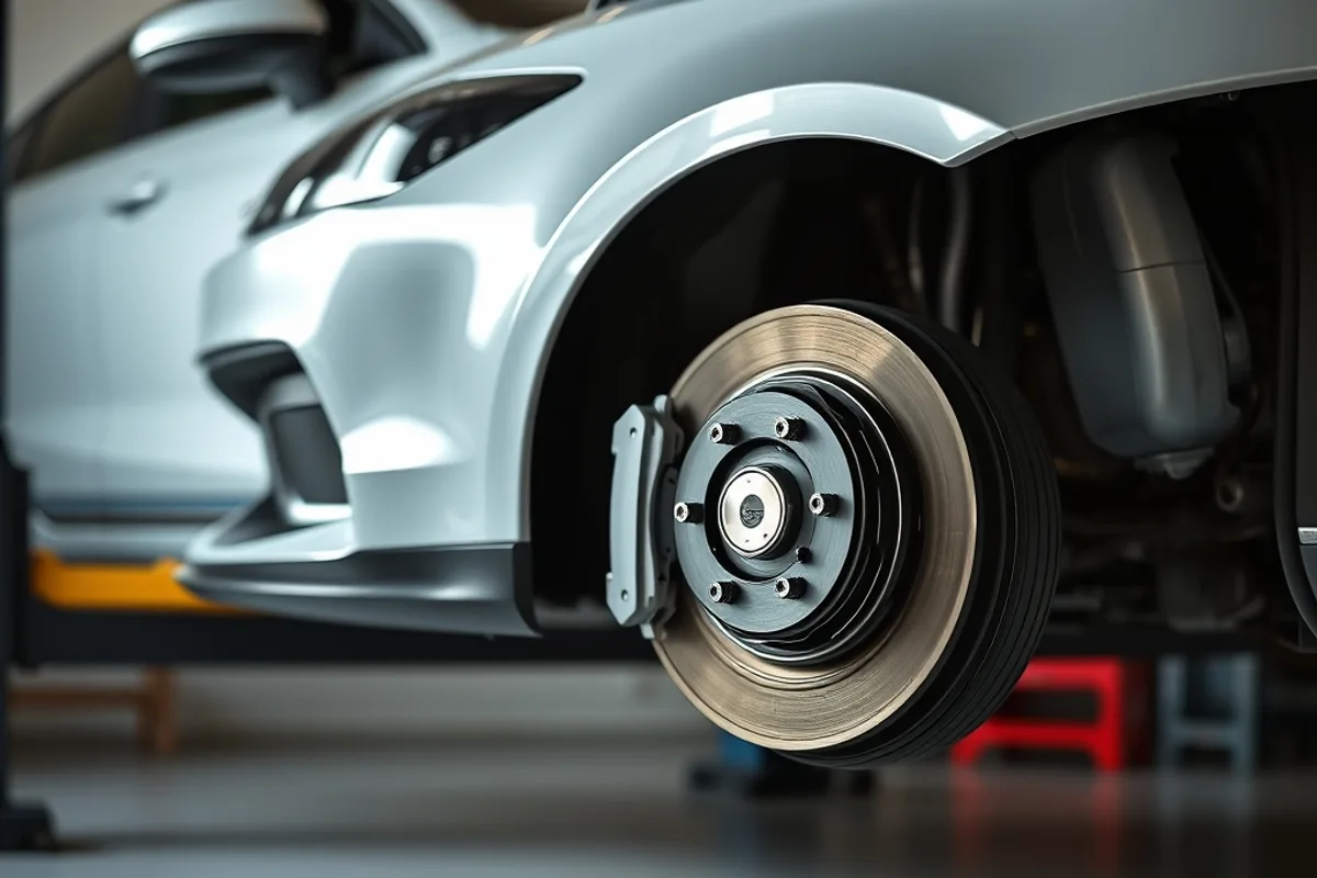 Car raised on a lift with the front wheel removed showing brake caliper