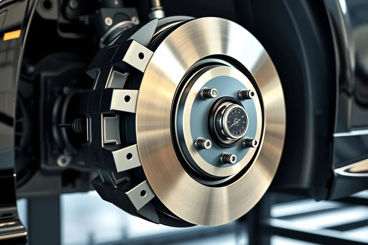 Brake rotor and caliper assembly on a modern car during inspection