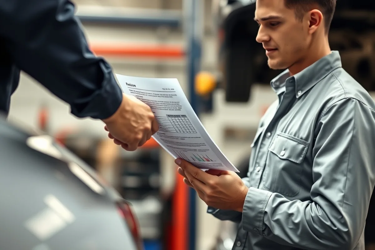 Mechanic handing a brake inspection report to a car owner in a workshop