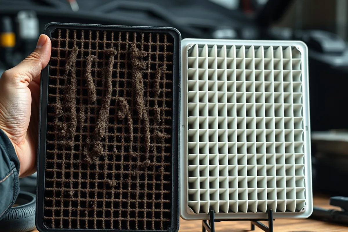 Dirty cabin air filter held next to a new clean filter on a workbench