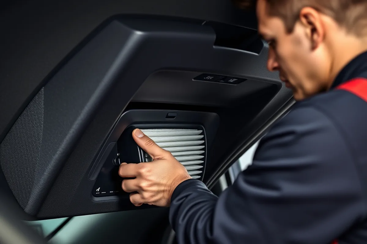 Mechanic opening the glovebox to access a cabin air filter housing