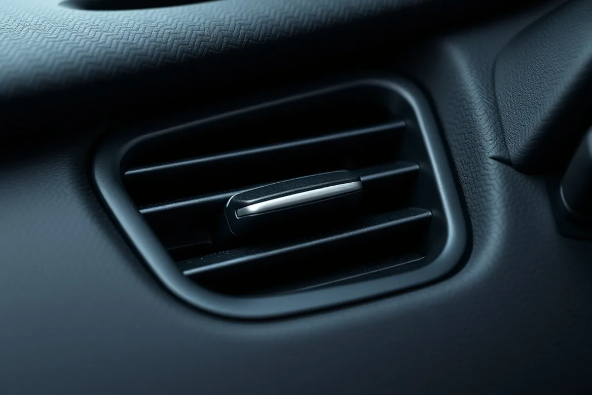 Close-up of a cabin air filter slot behind a car dashboard panel