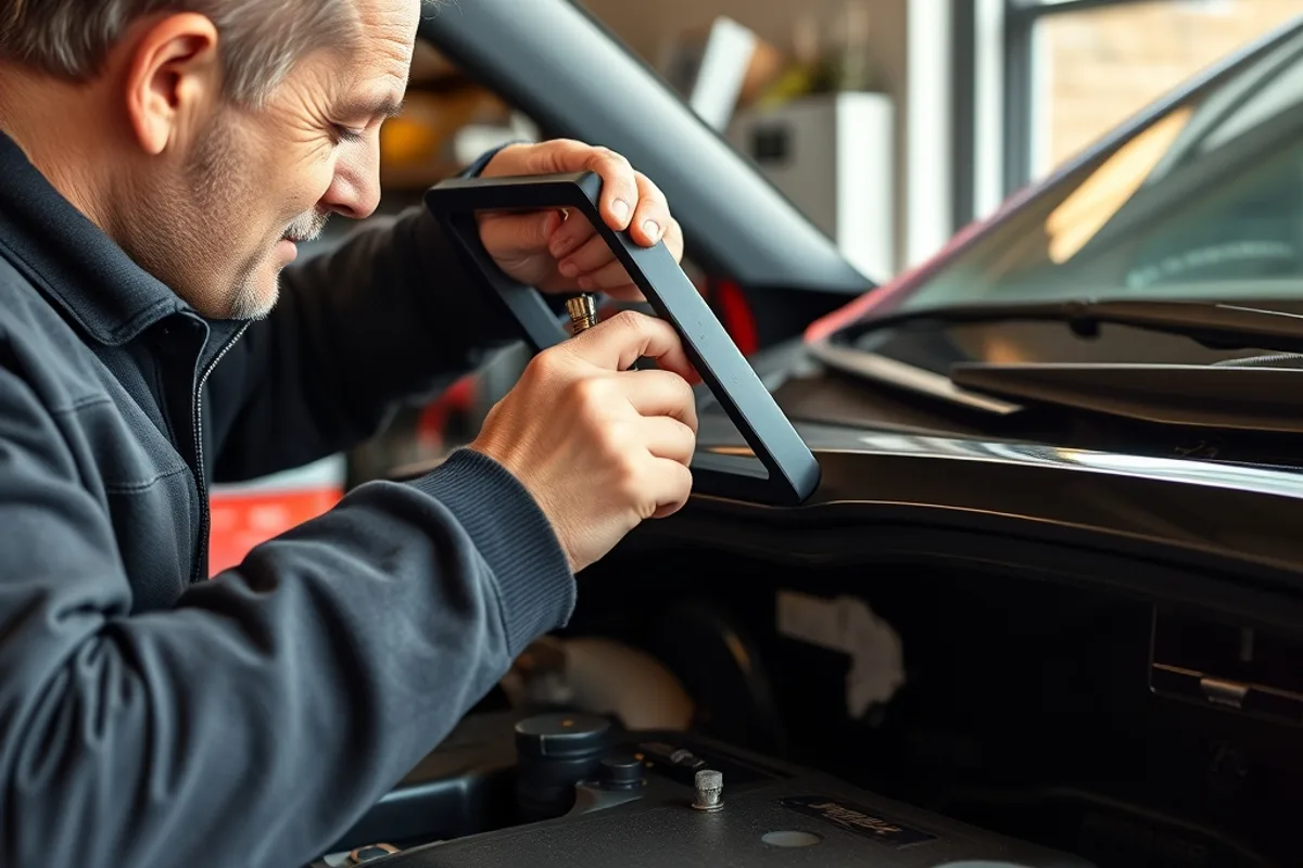 Owner using a screwdriver to remove a cabin filter cover in a garage