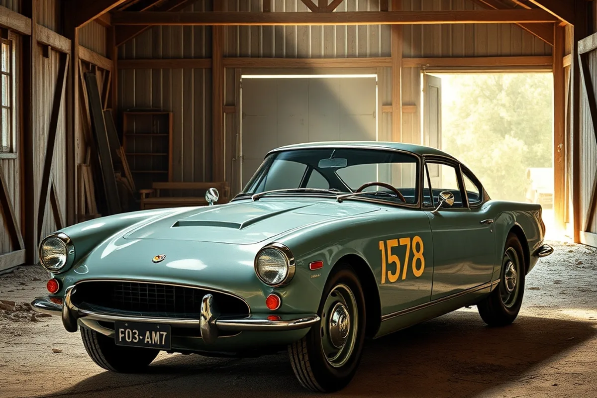 Classic 1960s sports car parked in a rustic barn with dust and sunlight