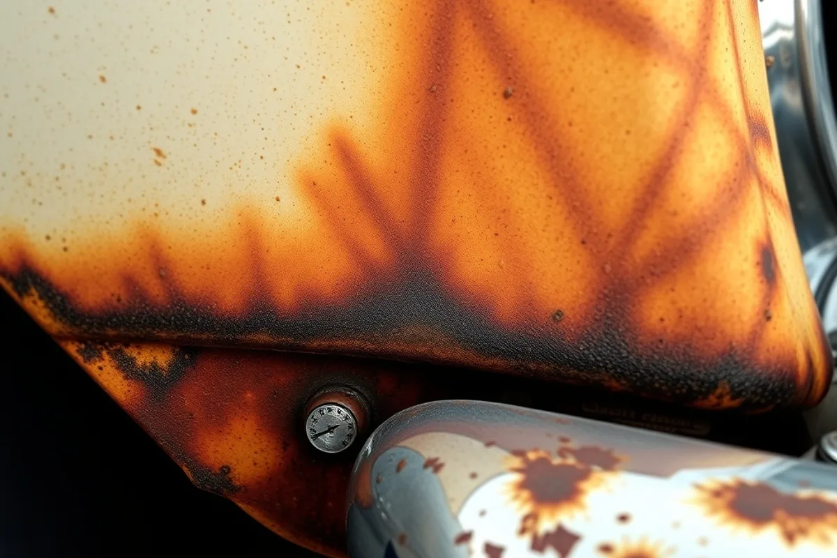 Close-up of rust bubbles on the lower body panel of a classic car