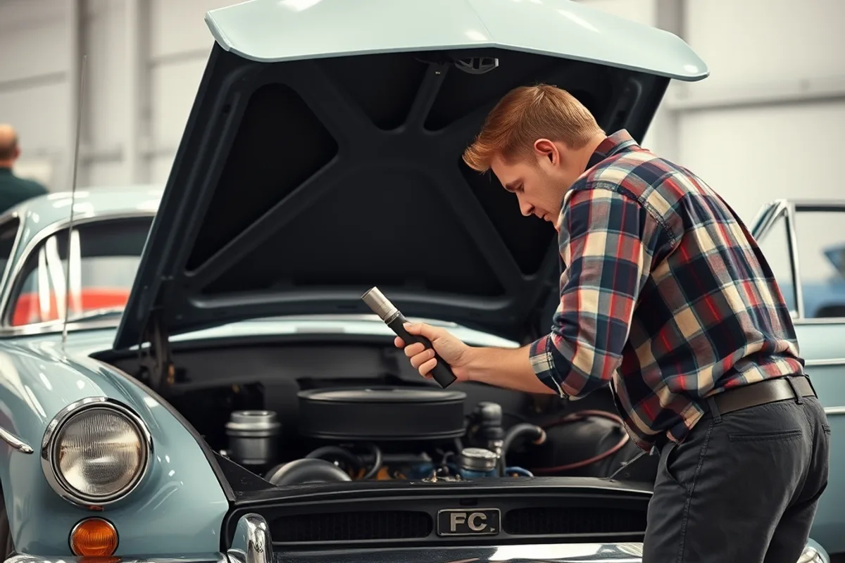 Buyer inspecting the engine bay of a vintage car with a torch