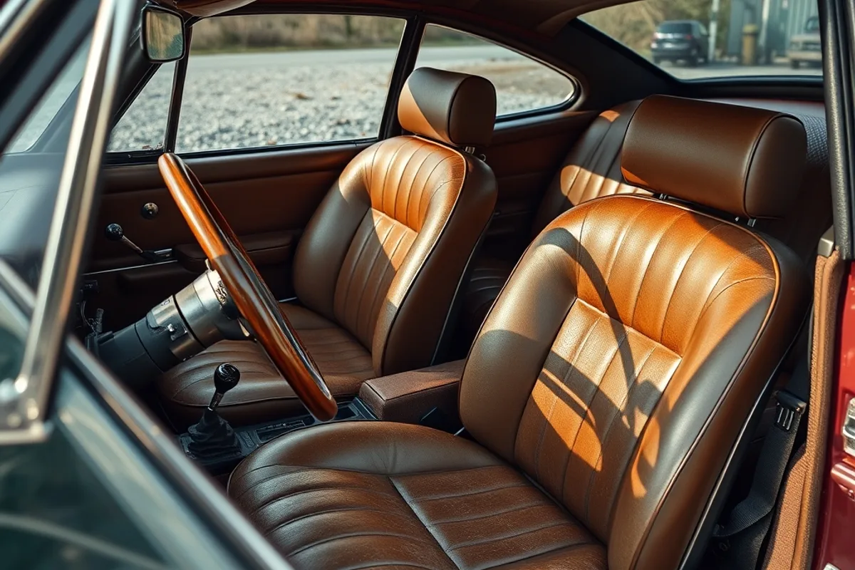 Classic car interior showing worn leather seats and wooden steering wheel
