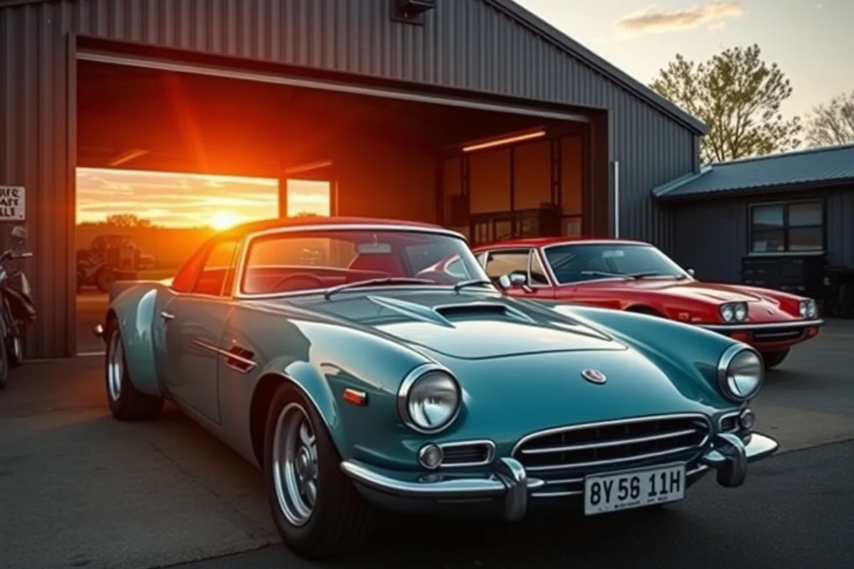 Two classic cars parked outside a workshop at sunset