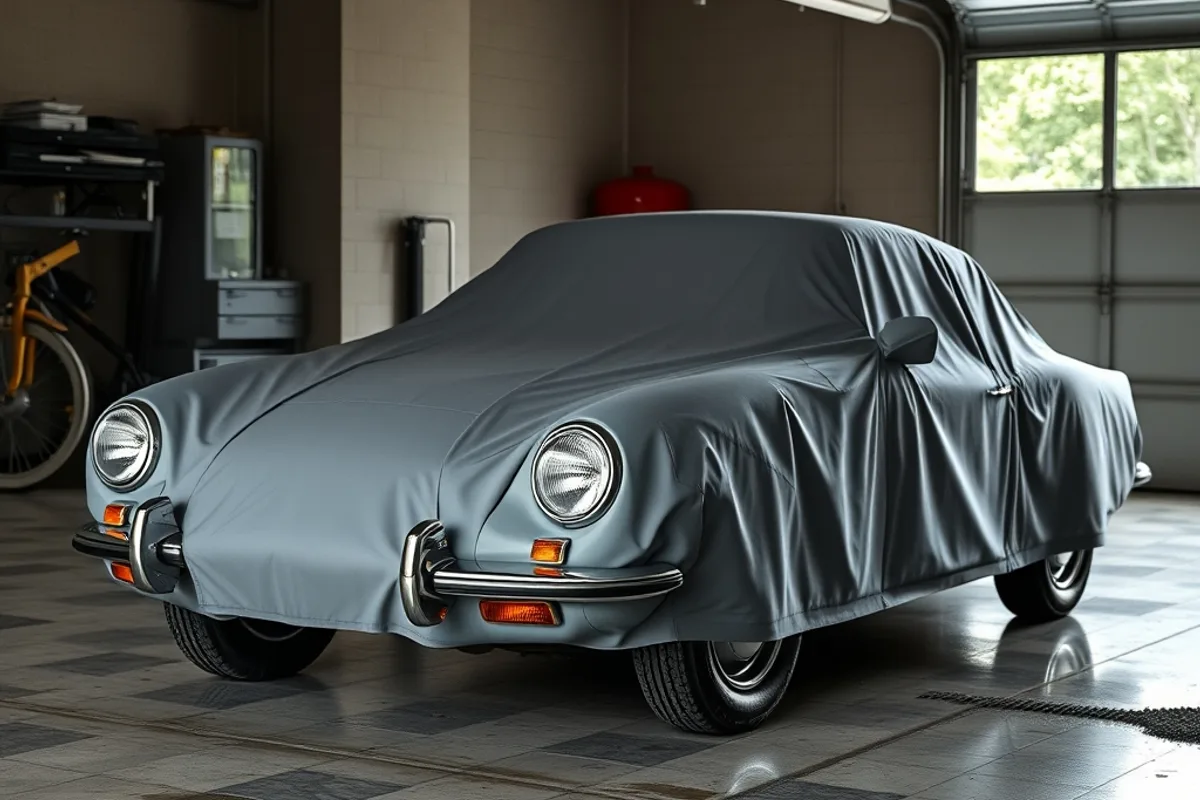 Classic car covered with a soft indoor car cover in a dry garage