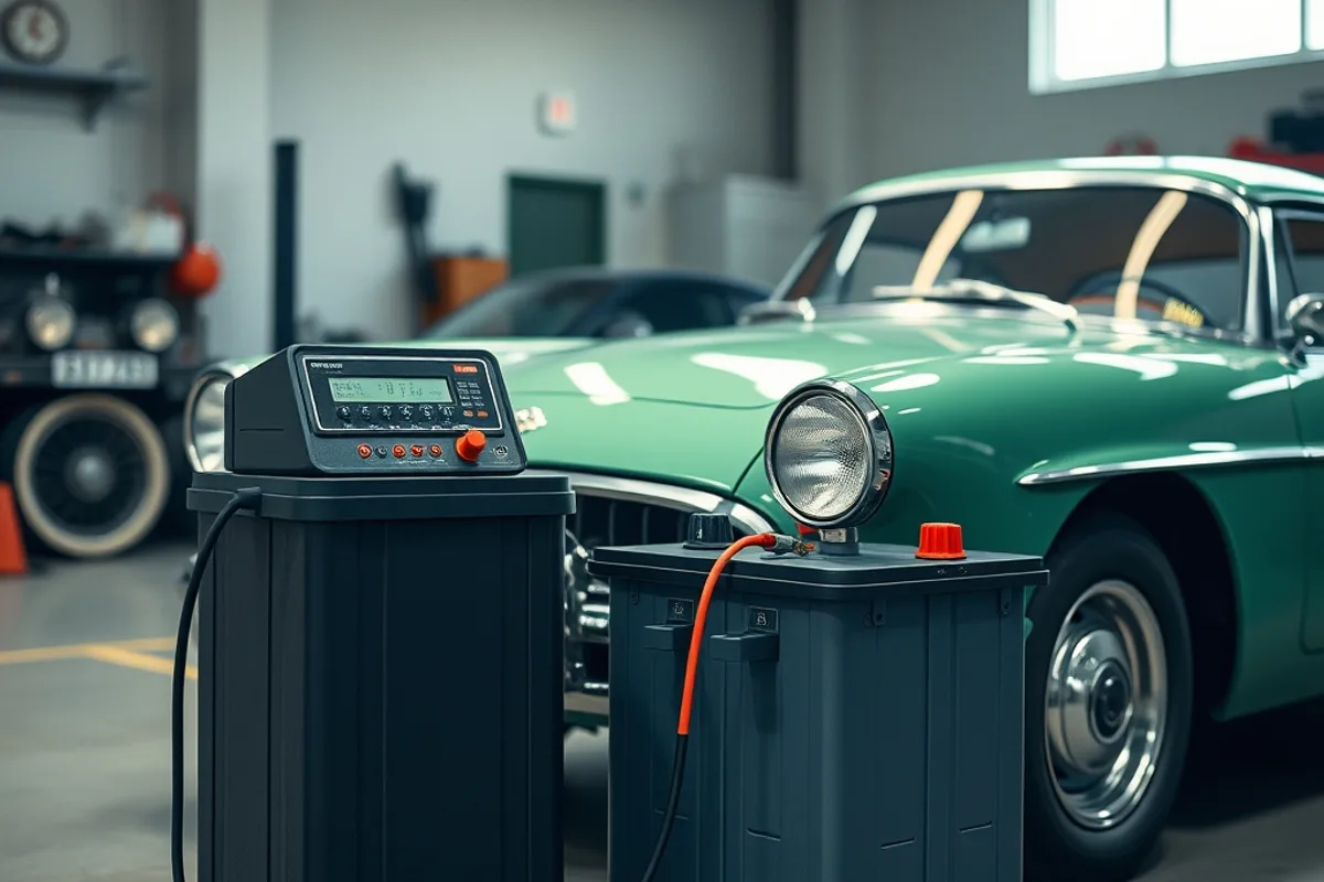 Battery maintainer connected to a classic car battery in a garage