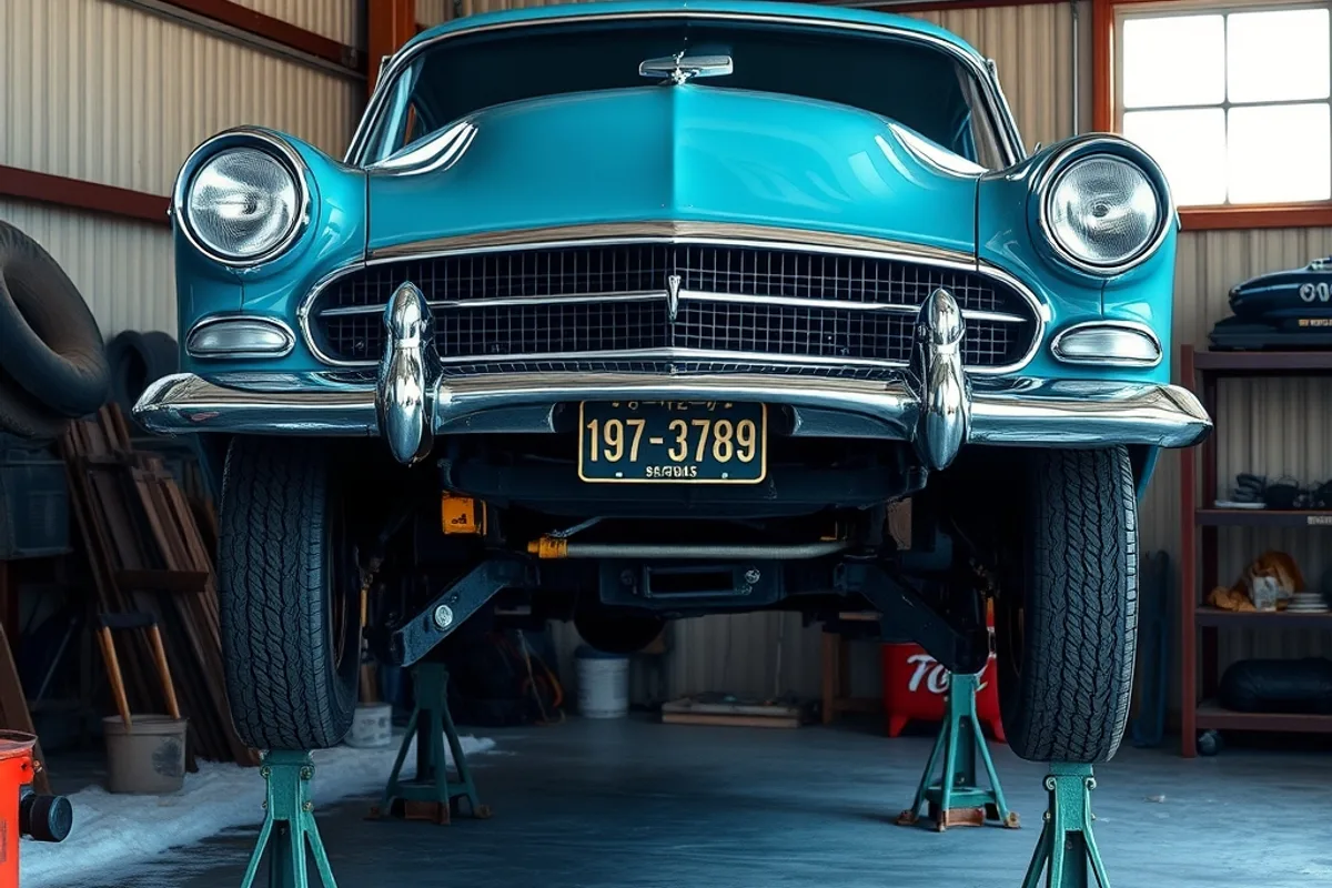 Classic car raised on axle stands with wheels removed for winter storage