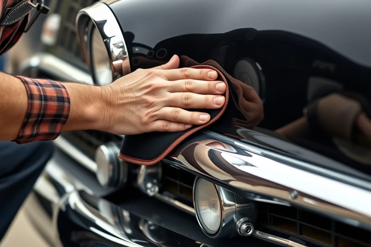 Owner applying wax protection to the chrome bumper of a classic car
