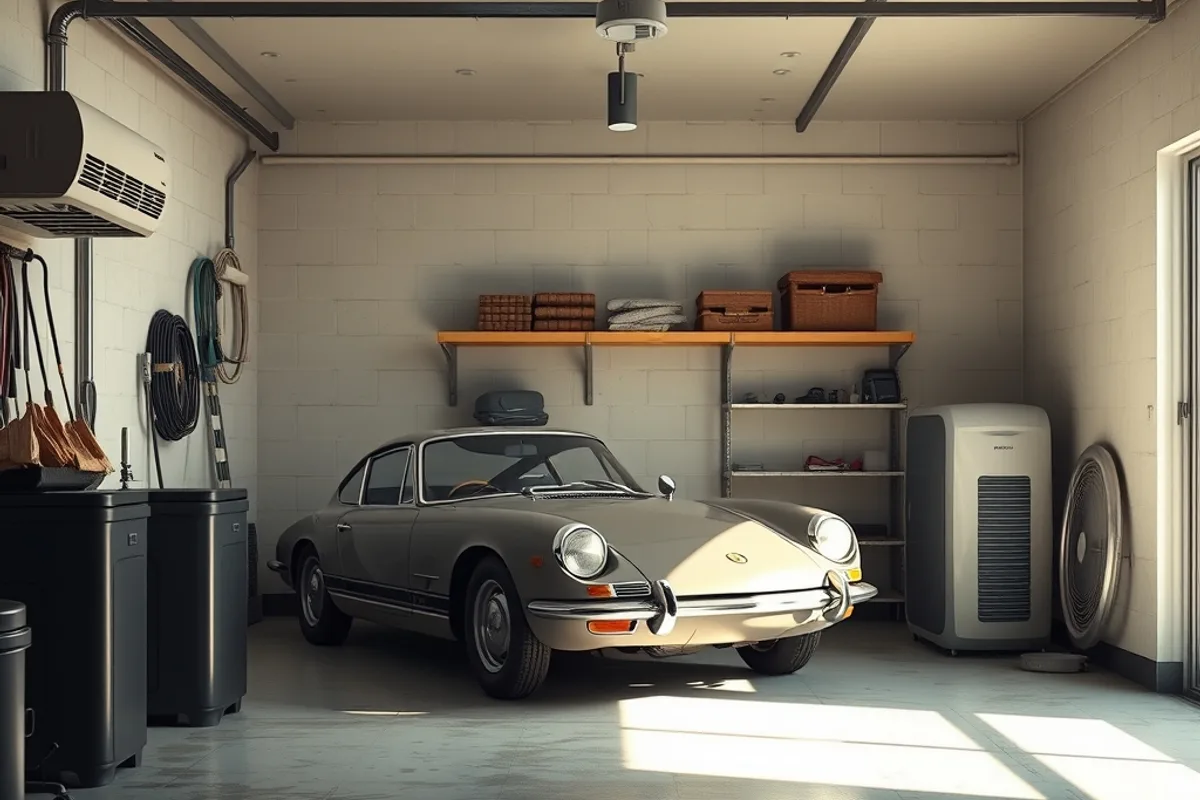 Dry garage interior with a classic car, dehumidifier and shelving