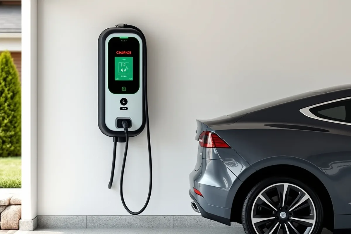 Wall-mounted Level 2 EV charger installed in a clean residential garage