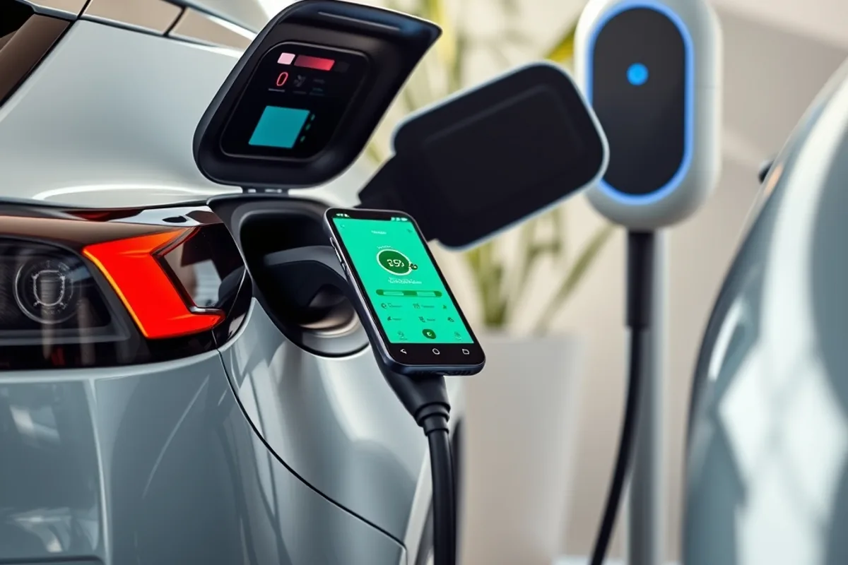Electric vehicle plugged into a home charger with a charging app on a phone