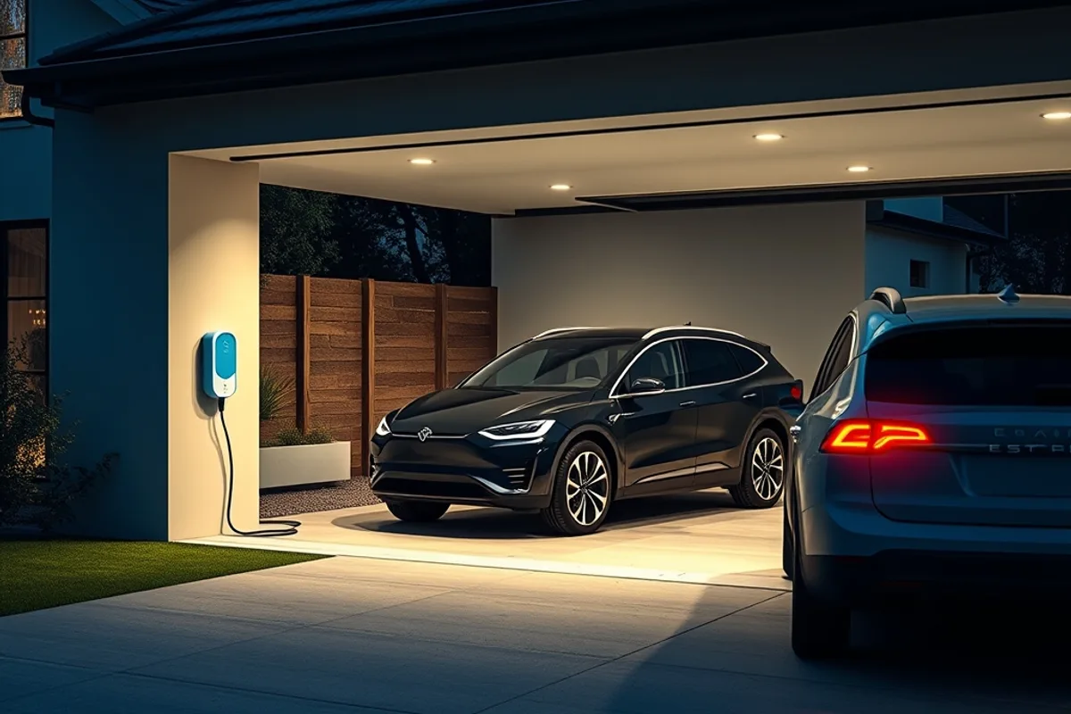 Modern garage with an electric SUV charging overnight beside a house