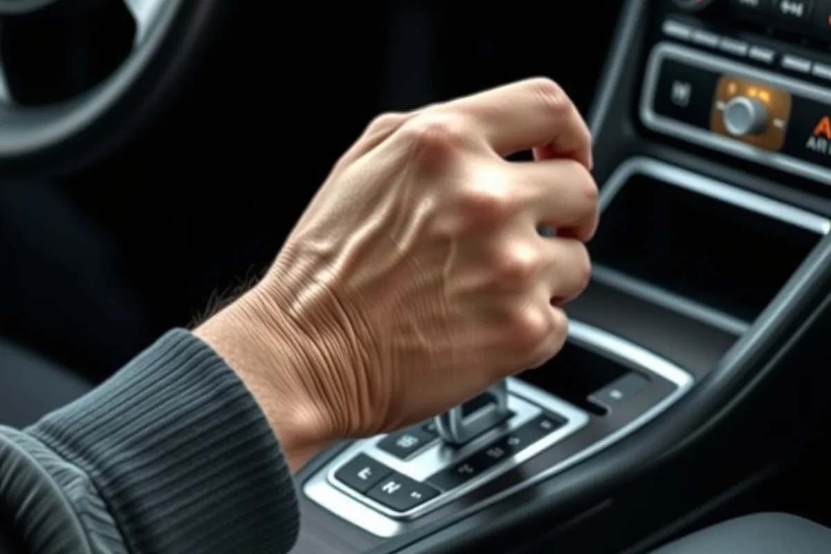 Driver hand shifting a manual gear lever in a car interior
