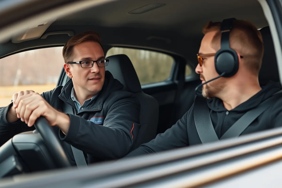 Instructor sitting in the passenger seat coaching a new manual driver