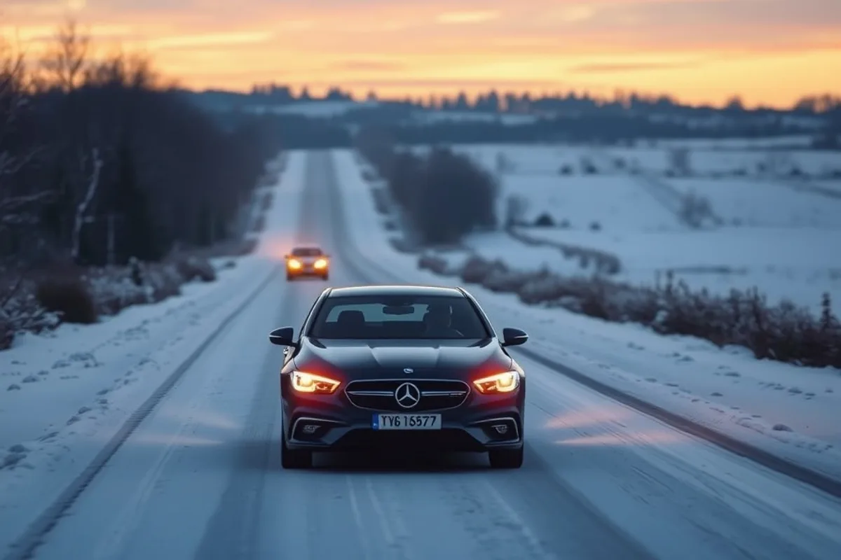 Car driving carefully on a snow-covered rural road at dawn