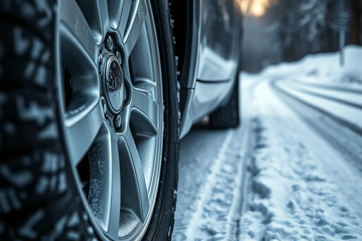 Close-up of winter tires with deep tread on a snowy road