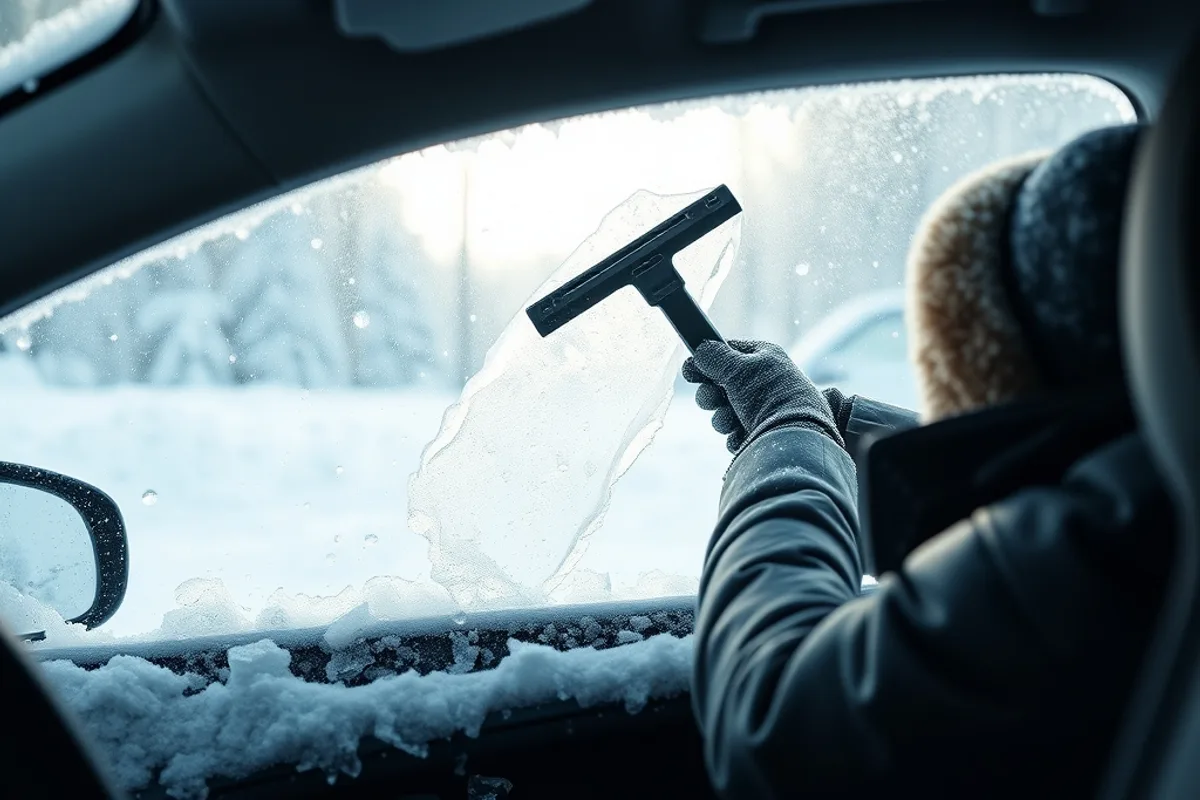 Driver clearing snow and ice from a car windscreen with a scraper