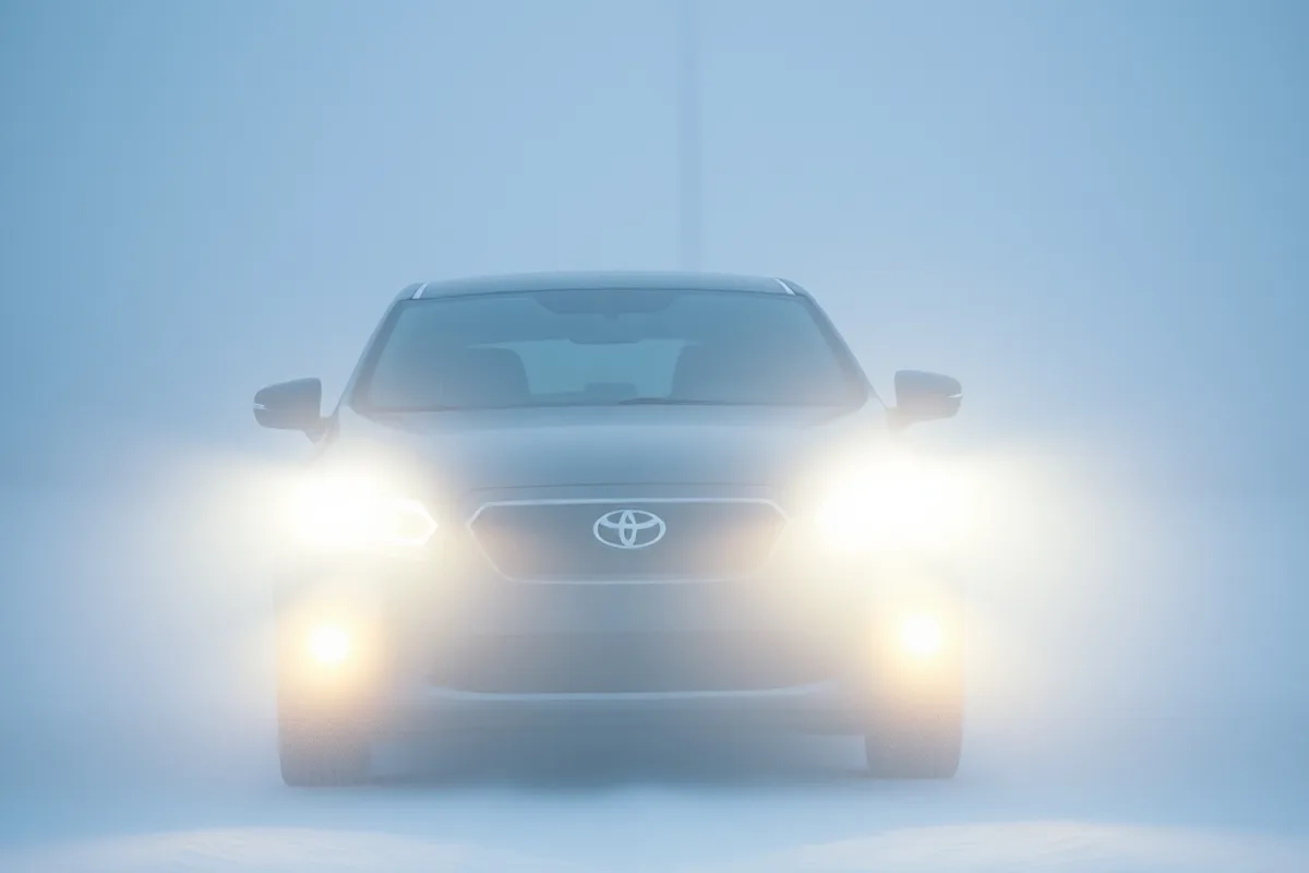 Car headlights cutting through fog on a cold winter evening