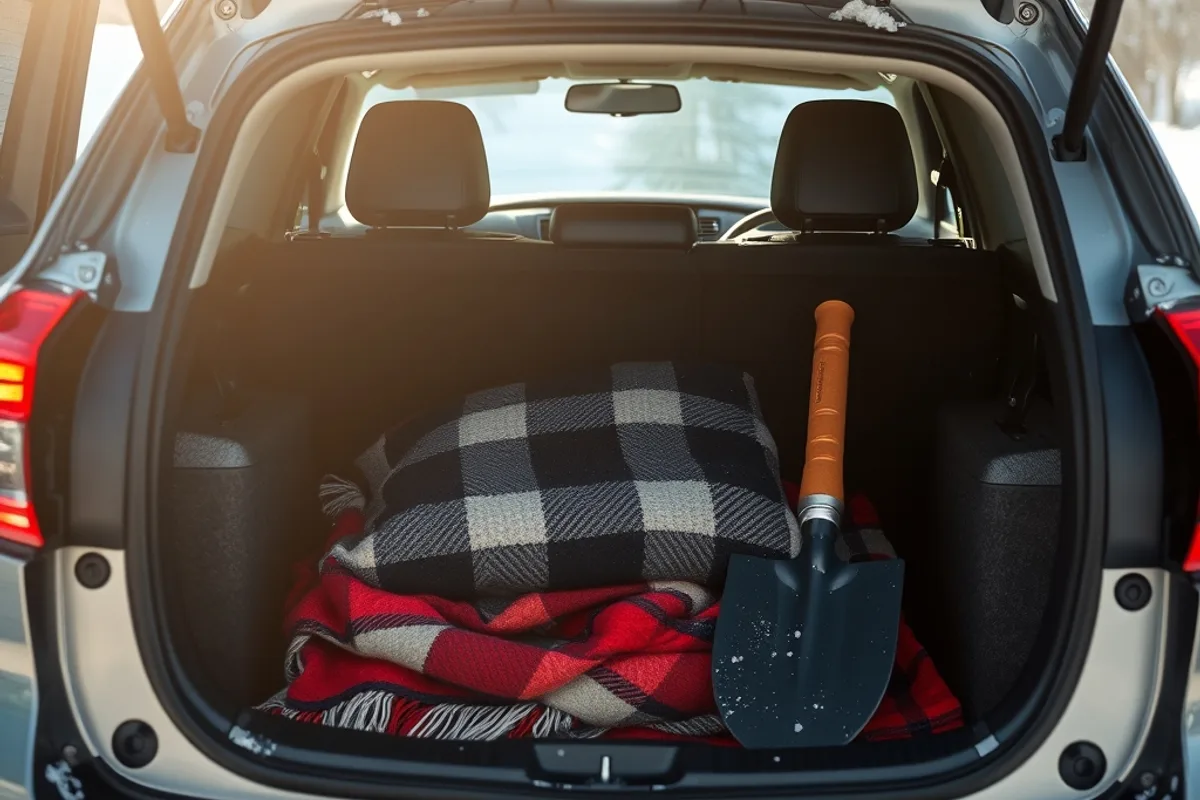 Winter emergency kit in a car boot with blanket, torch and shovel